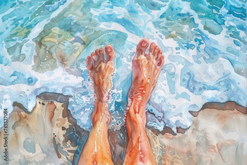 A colorful watercolor painting depicts a pair of feet submerged in water at the beach. © Thi