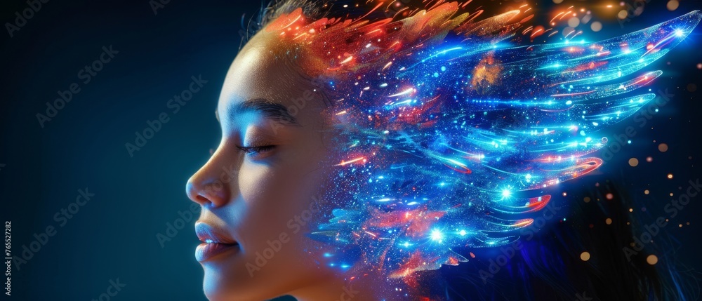  An illuminated woman's head against a backdrop of blue stars