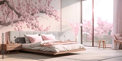 A calming bedroom oasis featuring a cherry blossom mural, creating a harmonious space that blends nature with modern design 4K Video photo