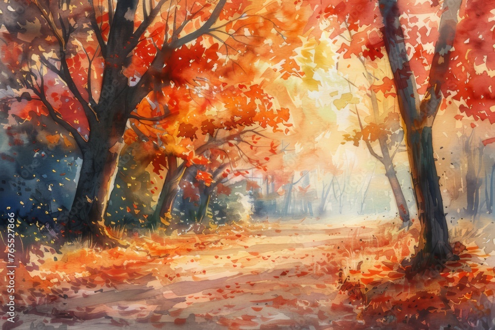 Watercolor illustration of an autumn forest walkway through a city park decorated with orange trees and russet maple leaves.