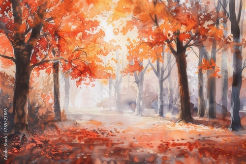 Watercolor illustration of an autumn forest walkway through a city park decorated with orange trees and russet maple leaves.