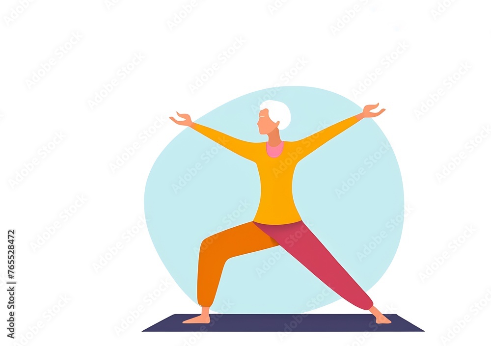 An elderly woman with gray short hair, doing yoga on the mat. Flat illustration in light pastel shades