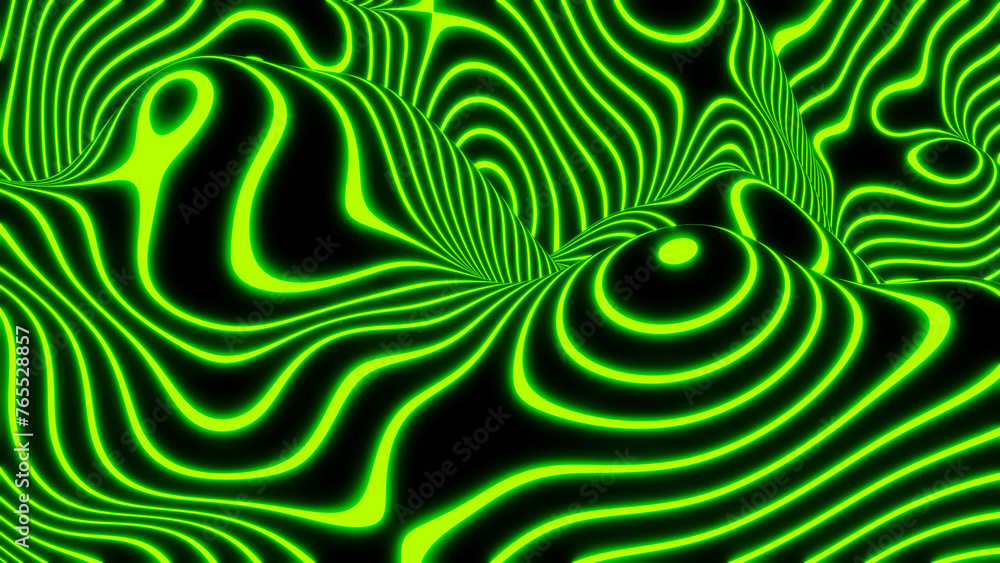 Abstract neon glowing background, 3D green lines  on black, interesting striped modern technology and science design. - obrazy, fototapety, plakaty 