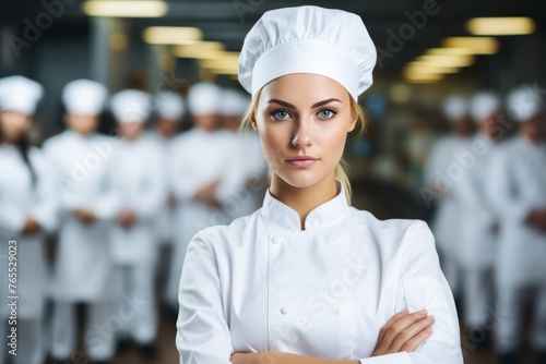 Confident female chef with crossed arms in front of big team, copy space available