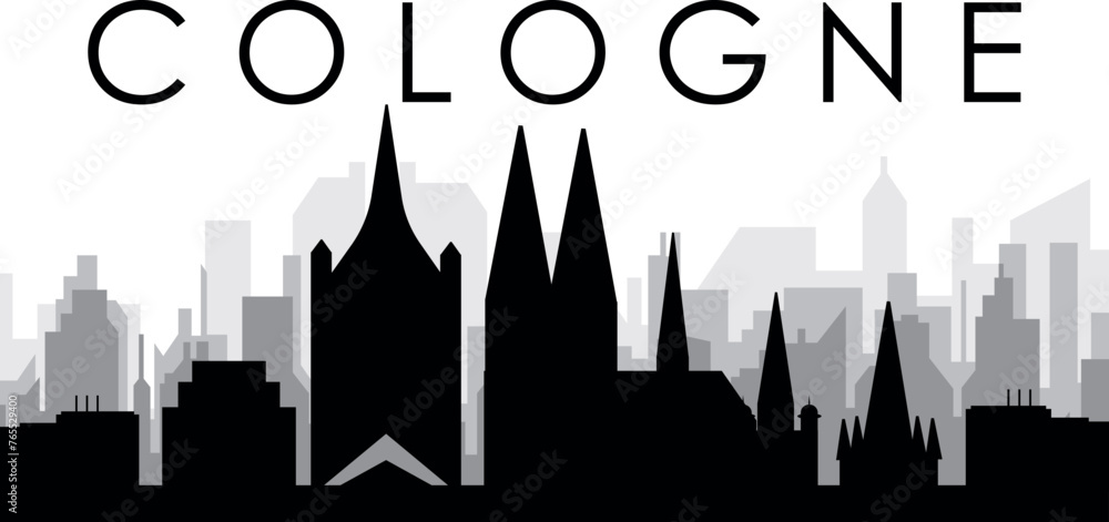 Black cityscape skyline panorama with gray misty city buildings background of COLOGNE, GERMANY Black cityscape skyline panorama with gray misty city buildings background of COLOGNE, GERMANY