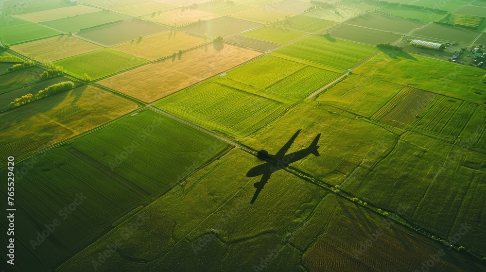 Environmental Impact of Air Travel: Shadow of an Airplane Over Green Agricultural Fields - AI generated