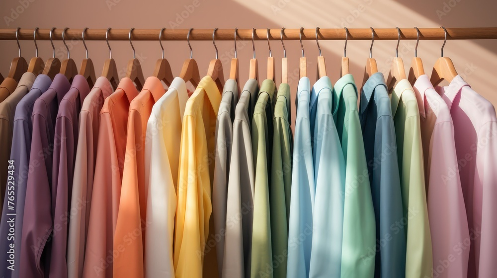 Hanger with colorful shirts. Set of clothes in rainbow colors. Wardrobe and Fitting room in a casual store. Fashion and style AI generated Hanger with colorful shirts. Set of clothes in rainbow colors. Wardrobe and Fitting room in a casual store. Fashion and style AI generated