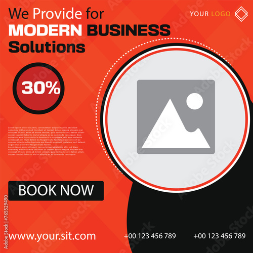 modern business solutions banner template design with image place and text with background elements 