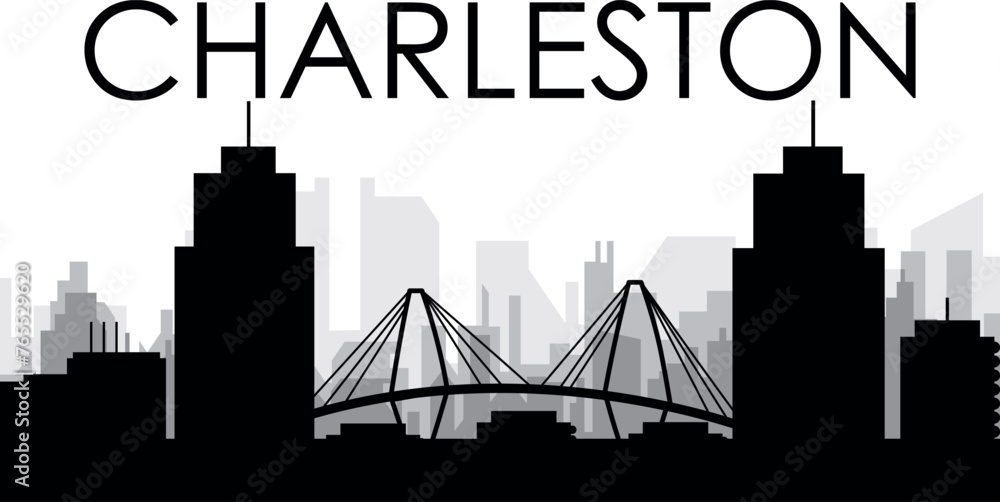 Obraz premium Black cityscape skyline panorama with gray misty city buildings background of CHARLESTON, UNITED STATES