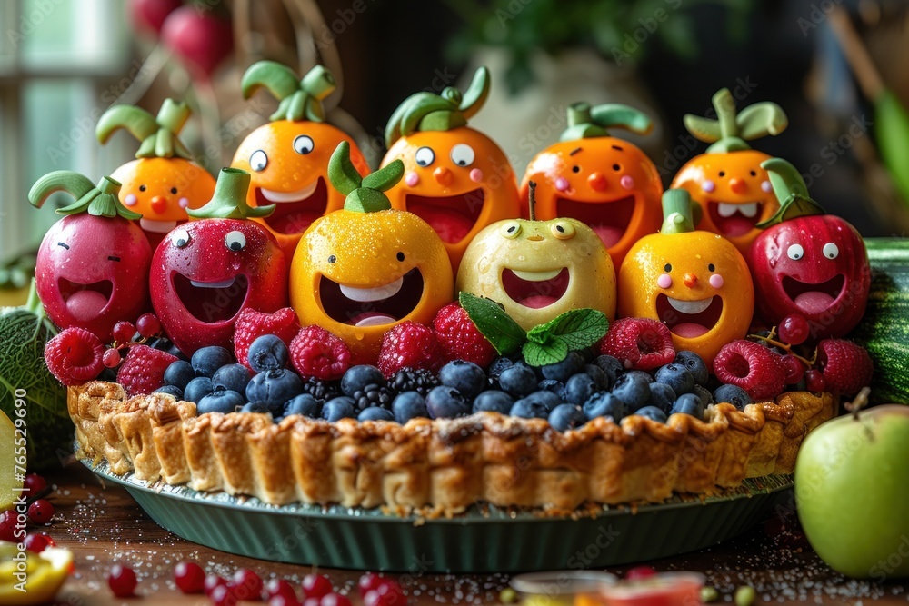 Vegetables and fruits as comic personalities at a party with a cake of laughter
