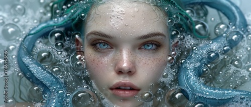  A woman with blue hair and blue eyes is surrounded by water bubbles
