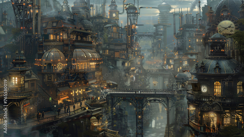 A steampunk city with clockwork contraptions and brass
