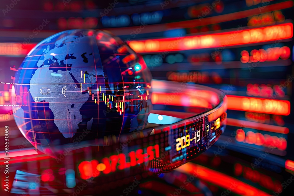 A vibrant image of a market ticker wrapped around a globe representing global investments and economies - obrazy, fototapety, plakaty 