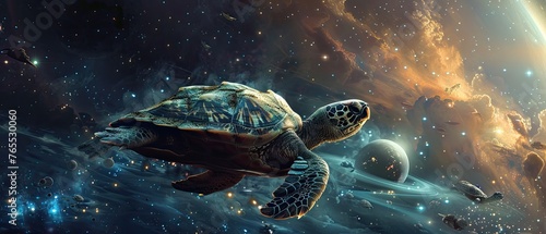 A turtle carrying a world on its back slowly drifting through a tranquil part of the galaxy #765530060