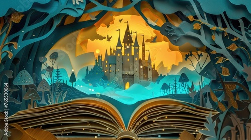 A whimsical fairy tale book cover design featuring paper cut illustrations of classic stories photo