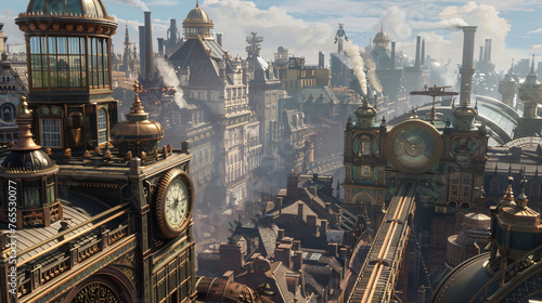 A steampunk city with clockwork contraptions and brass © Little