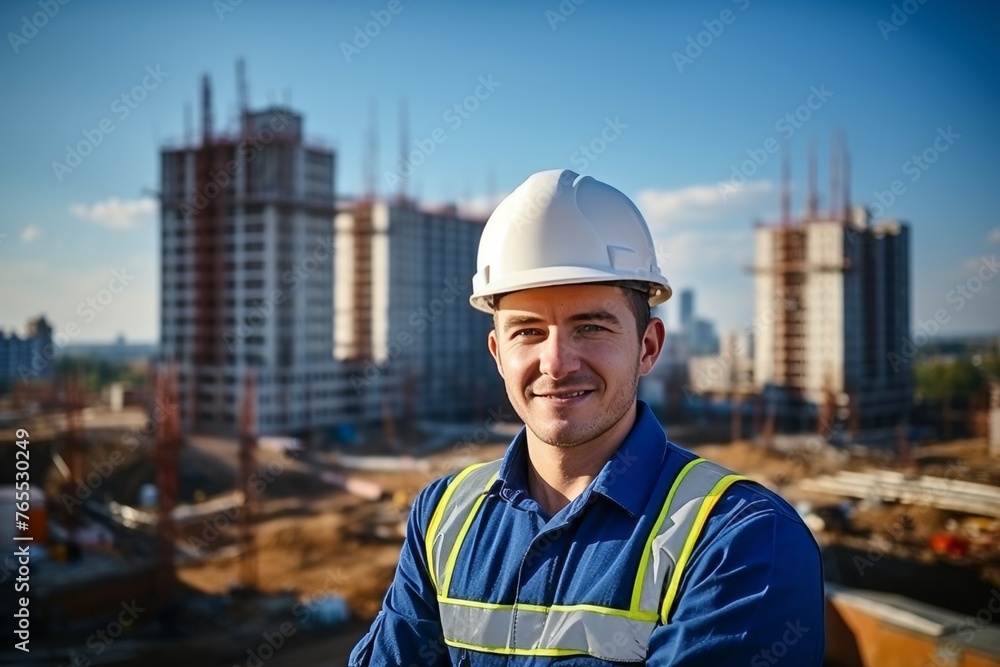 Positive builder in safety helmet at construction site with copy space, professional concept Positive builder in safety helmet at construction site with copy space, professional concept