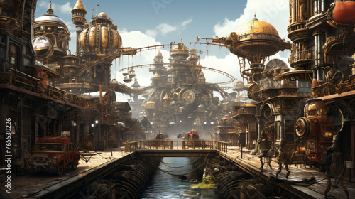 A steampunk cityscape with elaborate machinery and gea