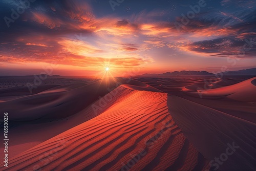 A mesmerizing sunset over the desert with sand dunes casting long shadows
