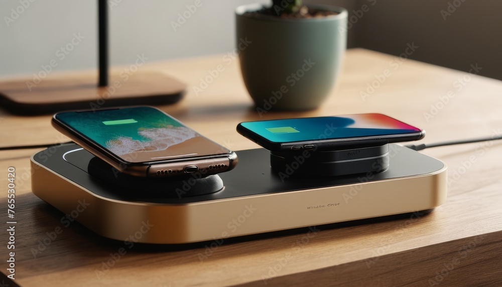 Multiple smartphones lying on a sleek wireless charging station, representing modern technology's convenience and connectivity