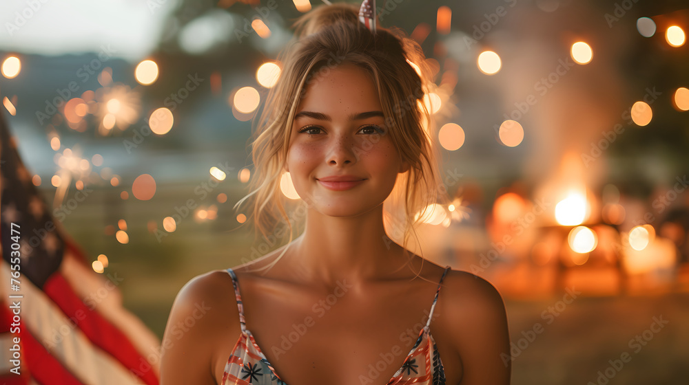 Happy woman with American flag at a festive event with party lights. Casual summer outdoor celebration portrait with bokeh. Fourth of July and freedom concept for design and print Happy woman with American flag at a festive event with party lights. Casual summer outdoor celebration portrait with bokeh. Fourth of July and freedom concept for design and print