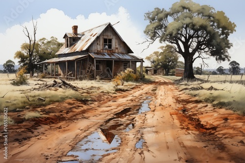 Watercolor of country house ink splatter on white background