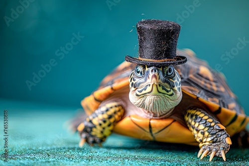 Charming Tortoise Dressed as Gentleman with Vintage Top Hat on a Teal Background Quirky Pet Concept photo