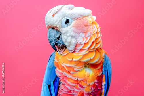 Colorful Harlequin Macaw Parrot Close Up Portrait Against Vibrant Pink Background, Exotic Bird Wildlife Concept © pisan