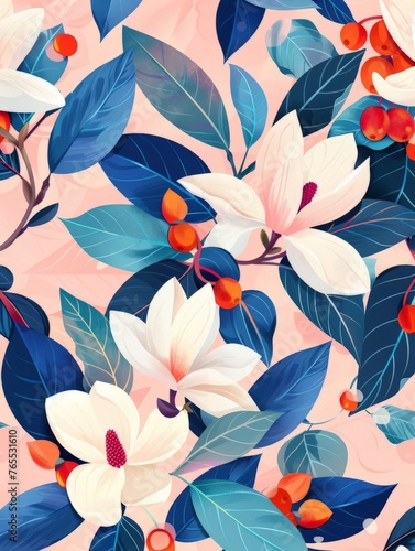Pink background showcasing white flowers and blue leaves © pham