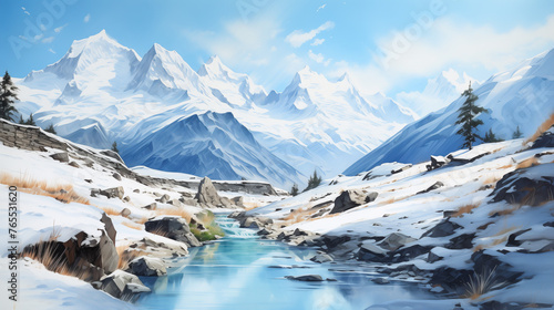 Watercolor illustration of Winter landscape featuring snow-covered alpine peaks and a clear river winding through a rocky valley under a blue sky.