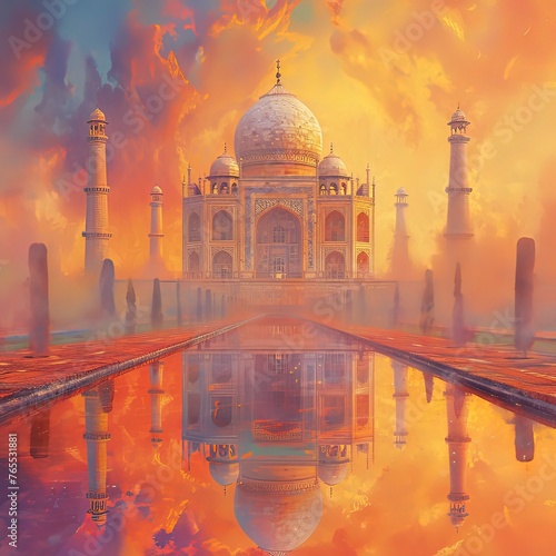 Illustration of the Taj Mahal enveloped in a dream-like mist, Generative ai.
