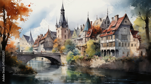 Watercolor illustration of a medieval village, with half-timbered houses and a stone bridge over a gentle river, evoking a sense of history and tranquility.
