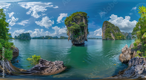 island in Phuket, Thailand with lush green mountains and turquoise water, showcasing the iconic rock formation on the thin islet between two islands © Kien