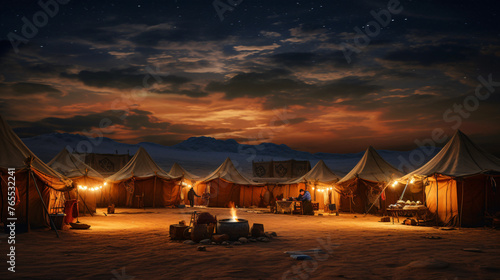 A traditional Bedouin camp in the desert with tents