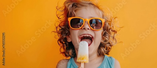 Ice cream cute kid with ice lolly. Copy space for text. Generative AI © Dvid