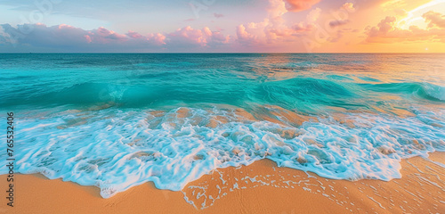 A tropical beach scene captured in vivid chromatic tones, with turquoise waters lapping against golden sands under a sky painted with hues of pink and orange