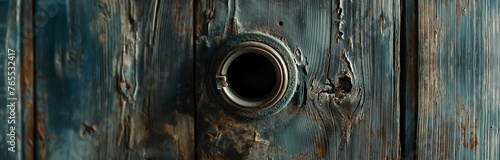 an ancient peephole in old wooden door 