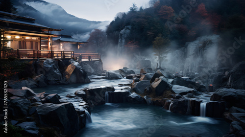 A traditional Japanese onsen nestled in the mountains