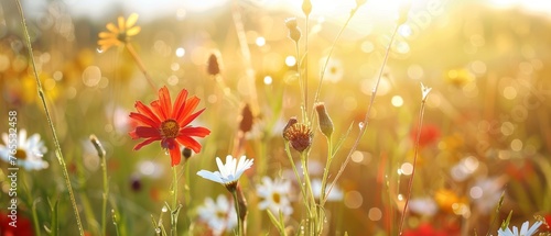  A field of daisies and wildflowers, bathed in sunlight through the tall grass