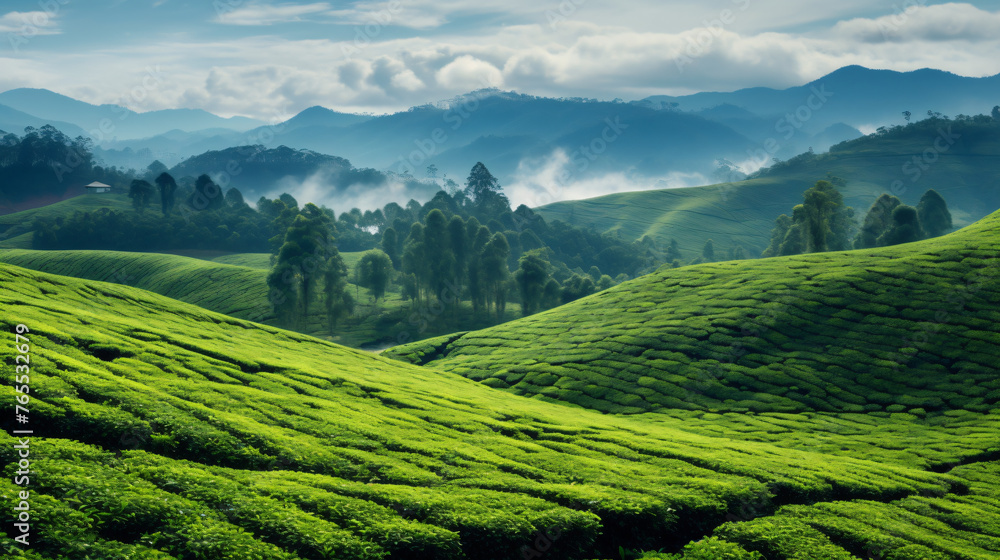 A traditional tea plantation with neatly manicured row
