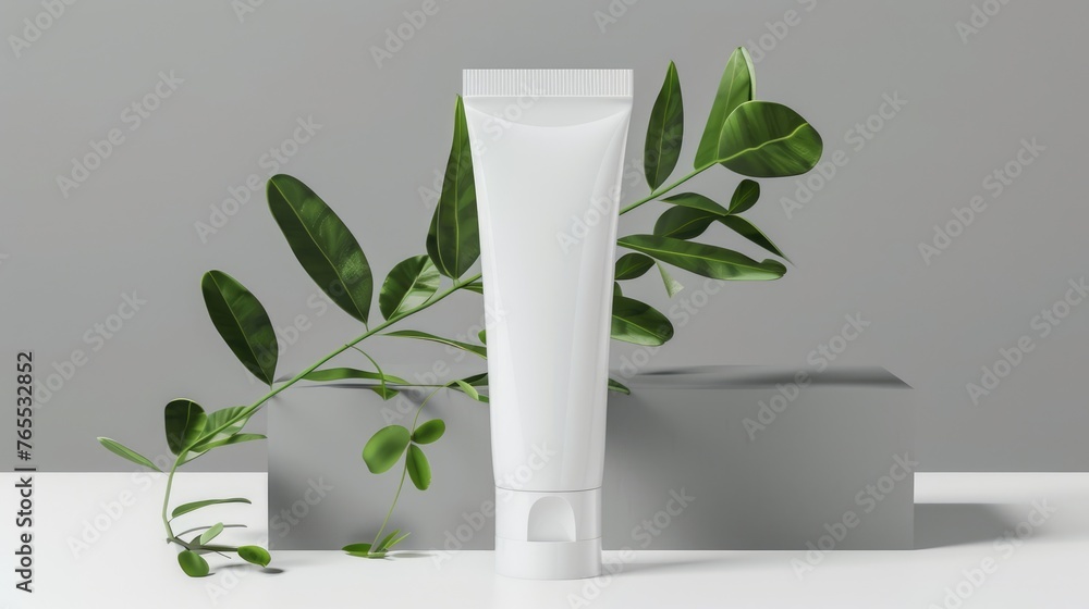Mockup Organic Skincare Product Presentation with Blank Cosmetic Tube and Natural Greenery complemented by fresh green leaves and delicate flowers - AI generated - obrazy, fototapety, plakaty 