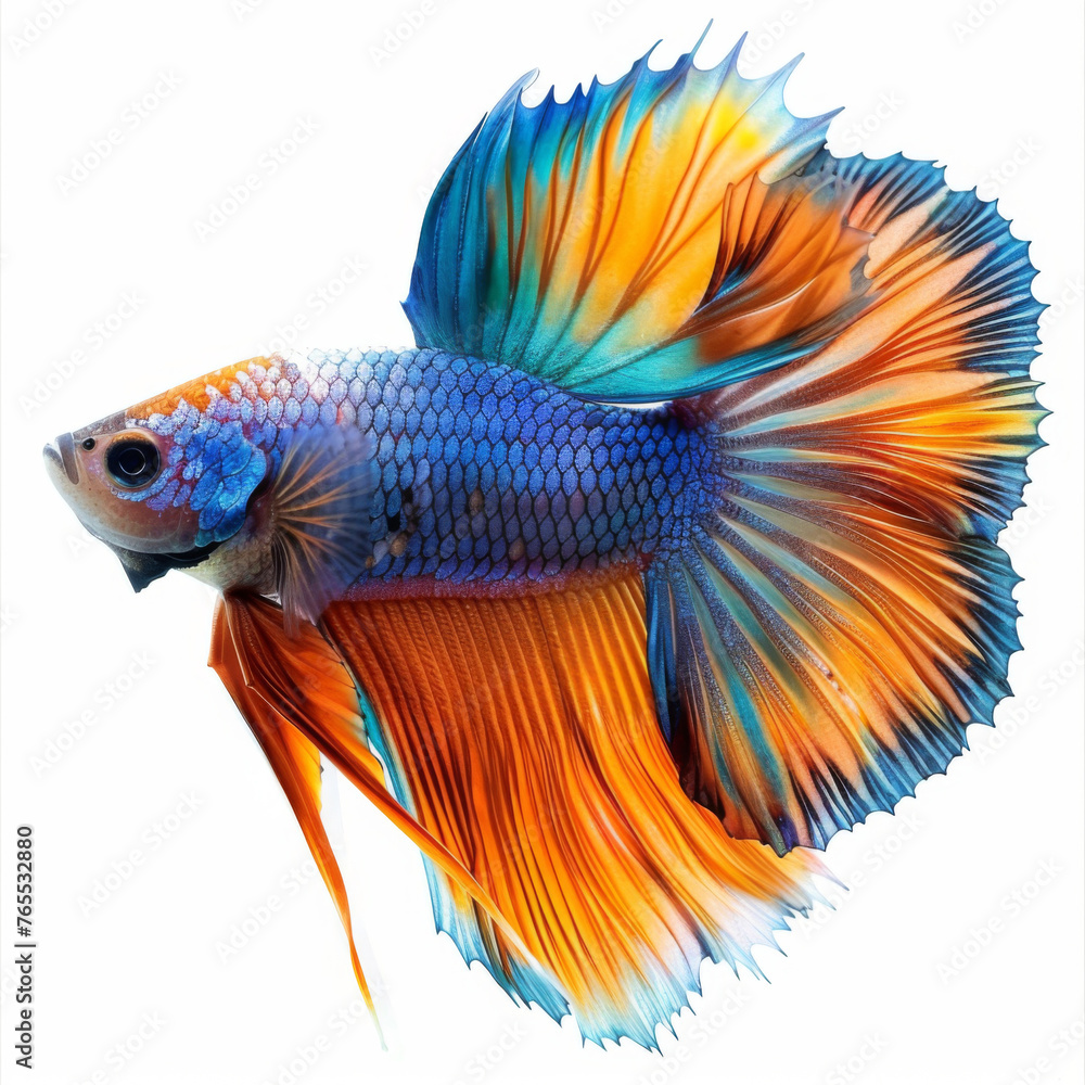 Fototapeta premium A stunning Siamese fighting fish with vibrant orange and blue colors isolated on a white background.