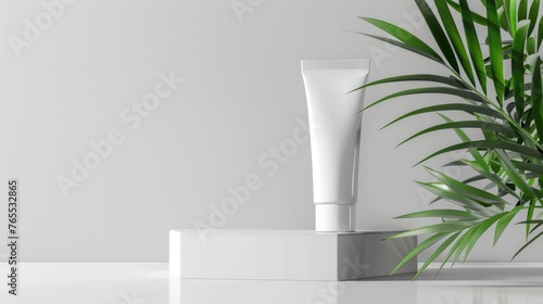 Mockup Organic Skincare Product Presentation with Blank Cosmetic Tube and Natural Greenery complemented by fresh green leaves and delicate flowers - AI generated photo