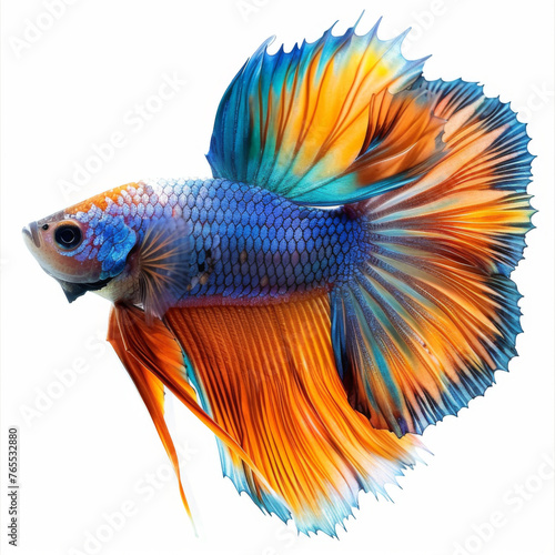 A stunning Siamese fighting fish with vibrant orange and blue colors isolated on a white background.