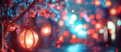  A clear image with a well-lit lantern hanging from a tree against a colorful backdrop would be optimal