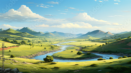 A tranquil countryside scene with rolling hills