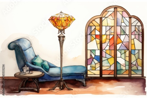 watercolor illustration Vintage style leather chair for decorating the corner of the room.