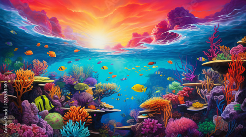 A vibrant coral reef teeming with colorful fish and ma © Little