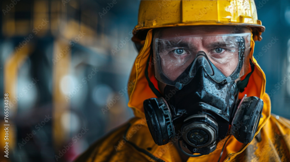 Industrial worker in protective clothing and gas mask against a blurred industrial background, concept of safety and protection. Industrial worker in protective clothing and gas mask against a blurred industrial background, concept of safety and protection.
