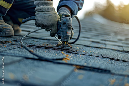 Roofer worker in special protective work wear and gloves, using air or pneumatic nail gun. photo